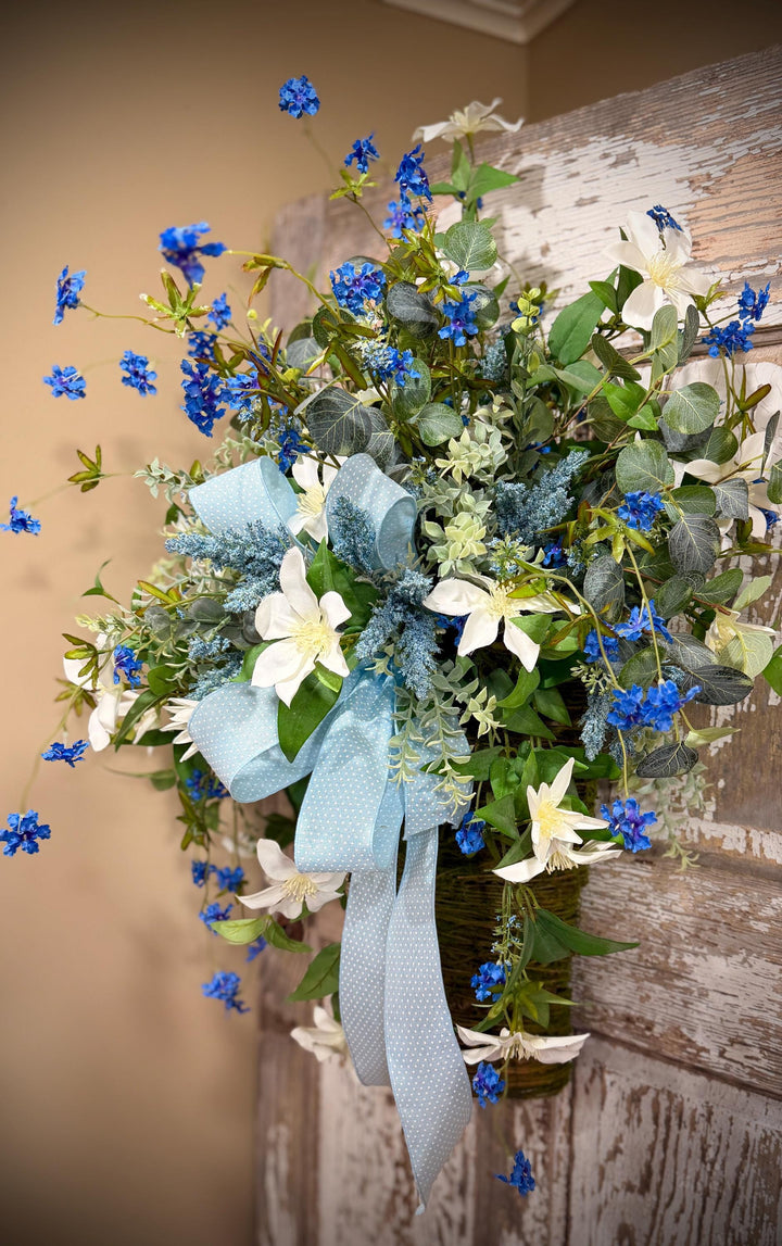 Spring Door Basket, Blue Wildflower Door Hanger, Farmhouse Front Door Decor, Cottage Garden Floral Basket,