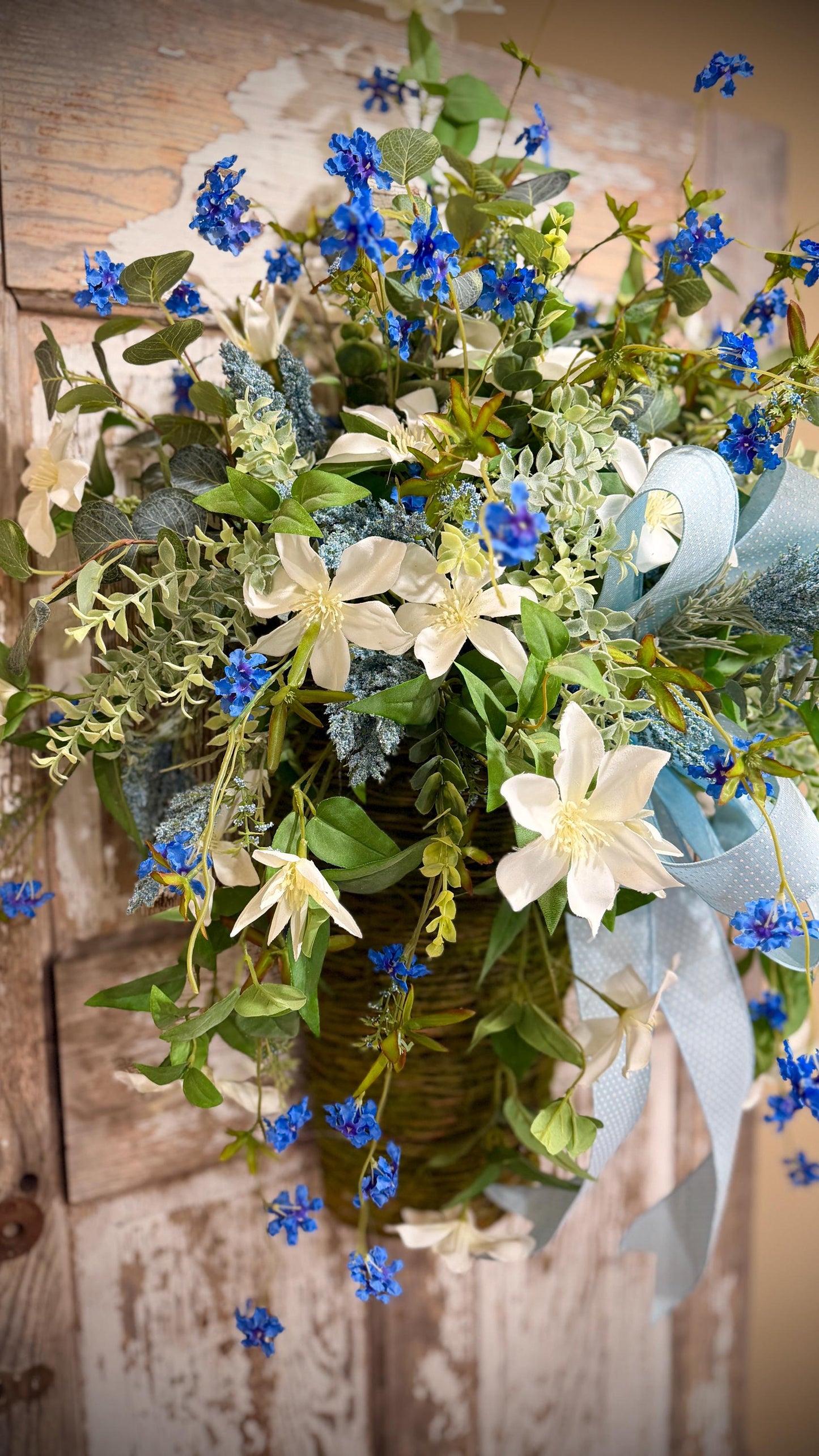 Spring Door Basket, Blue Wildflower Door Hanger, Farmhouse Front Door Decor, Cottage Garden Floral Basket,