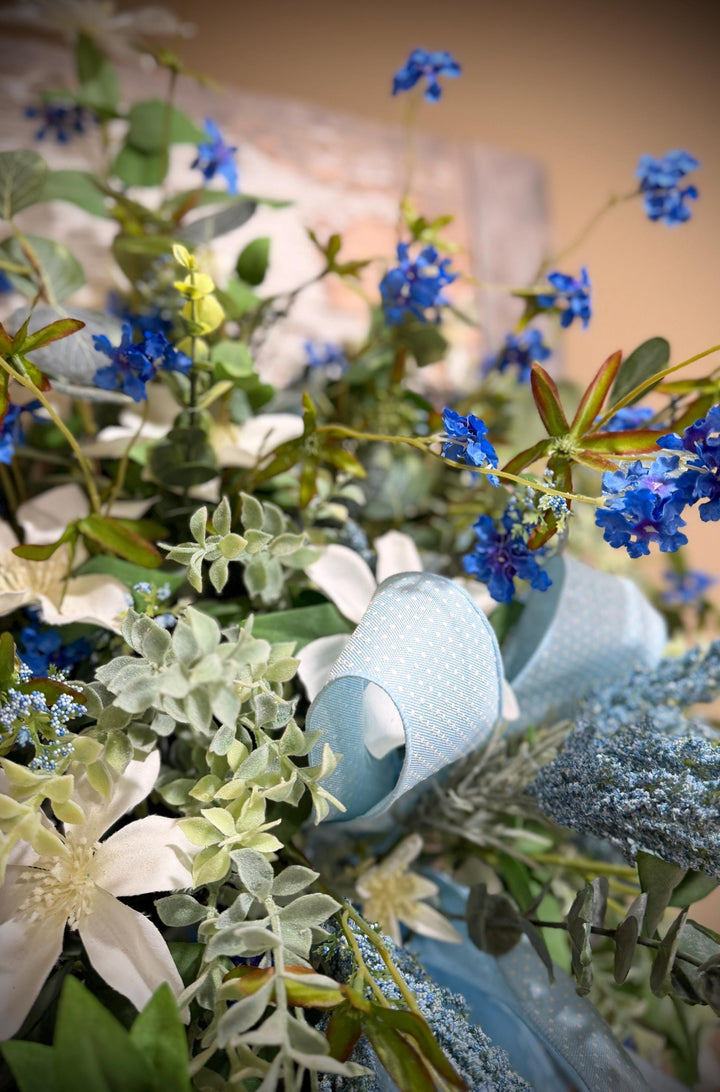 Spring Door Basket, Blue Wildflower Door Hanger, Farmhouse Front Door Decor, Cottage Garden Floral Basket,