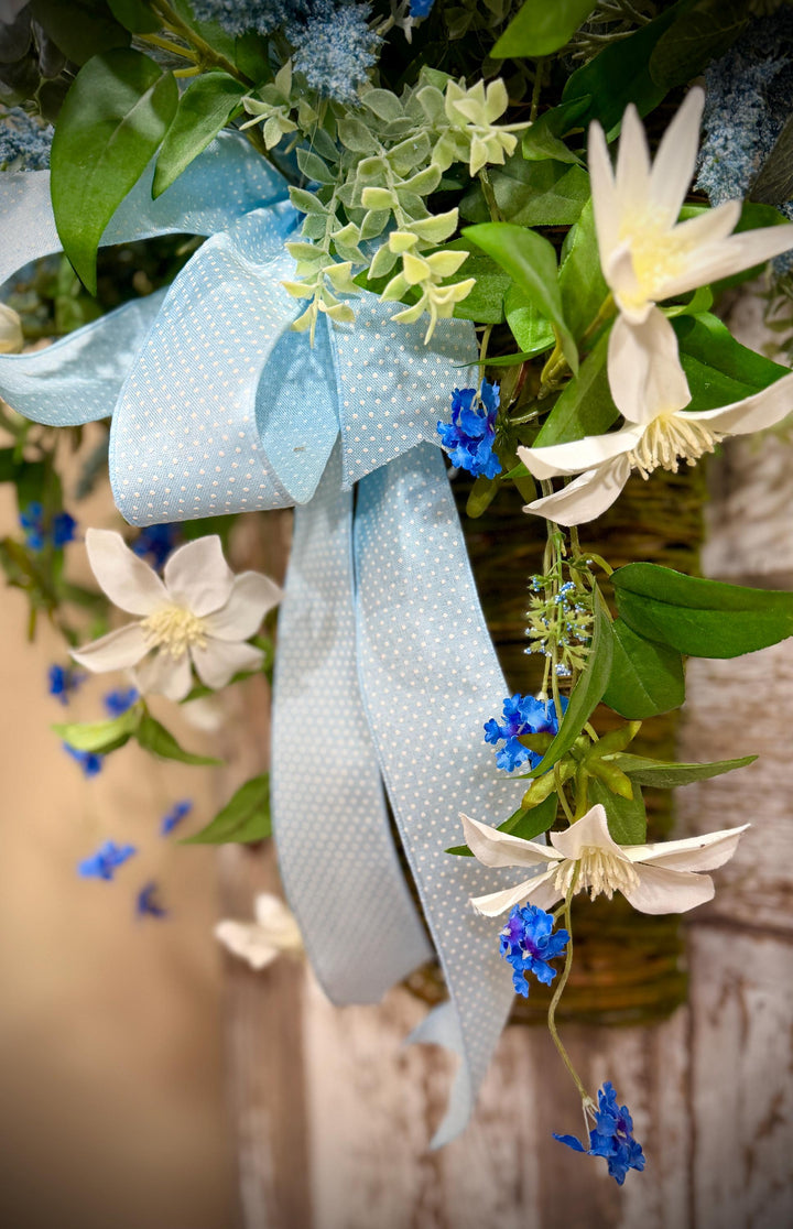 Spring Door Basket, Blue Wildflower Door Hanger, Farmhouse Front Door Decor, Cottage Garden Floral Basket,