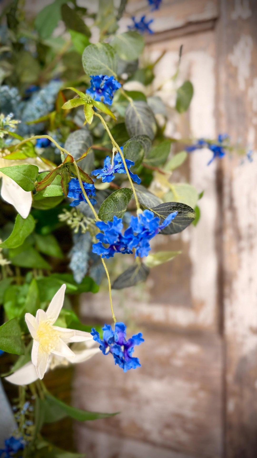 Spring Door Basket, Blue Wildflower Door Hanger, Farmhouse Front Door Decor, Cottage Garden Floral Basket,