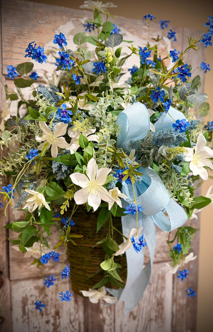 Spring Door Basket, Blue Wildflower Door Hanger, Farmhouse Front Door Decor, Cottage Garden Floral Basket,