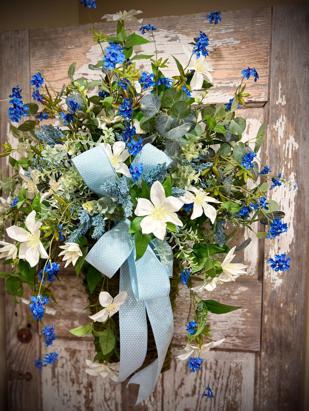 Spring Door Basket, Blue Wildflower Door Hanger, Farmhouse Front Door Decor, Cottage Garden Floral Basket,