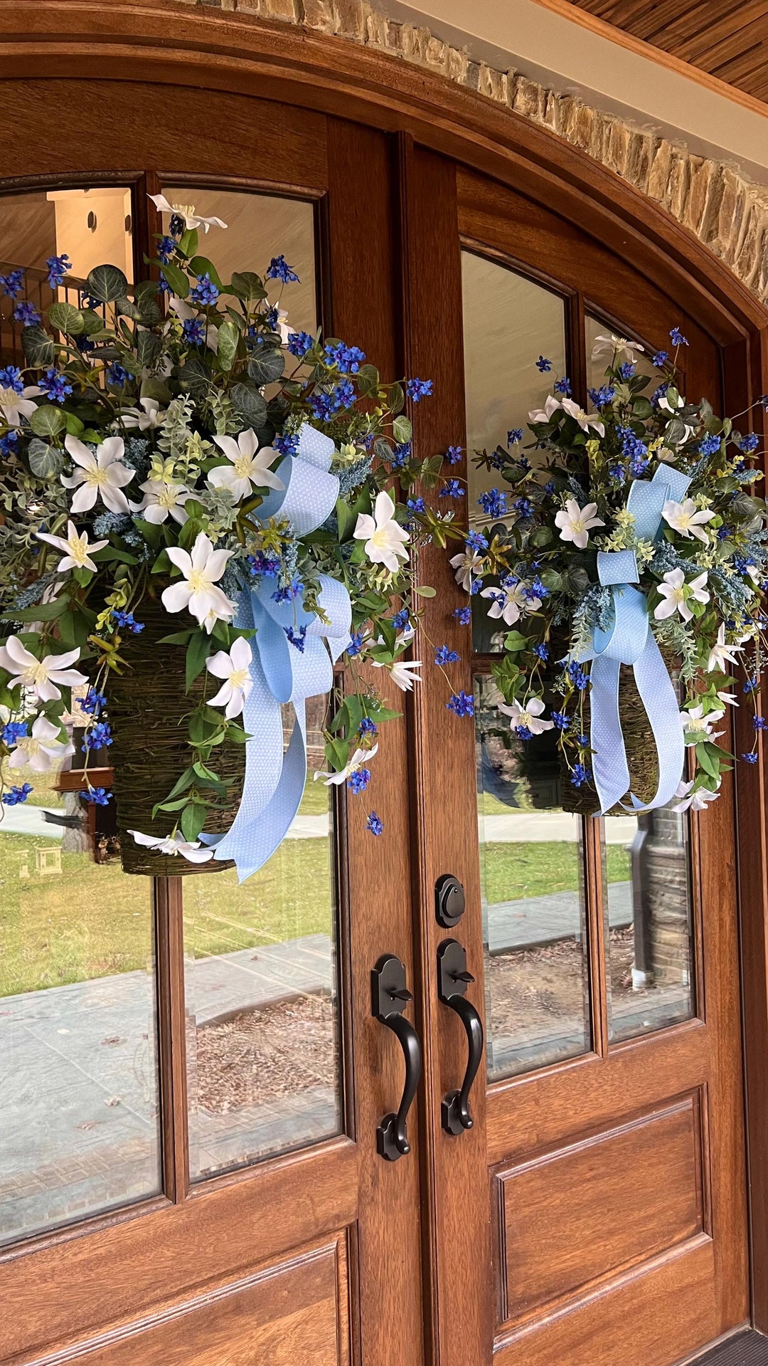 Spring Door Basket, Blue Wildflower Door Hanger, Farmhouse Front Door Decor, Cottage Garden Floral Basket,