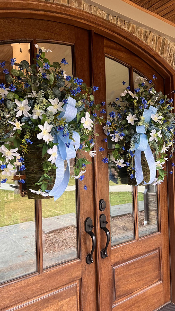 Spring Door Basket, Blue Wildflower Door Hanger, Farmhouse Front Door Decor, Cottage Garden Floral Basket,