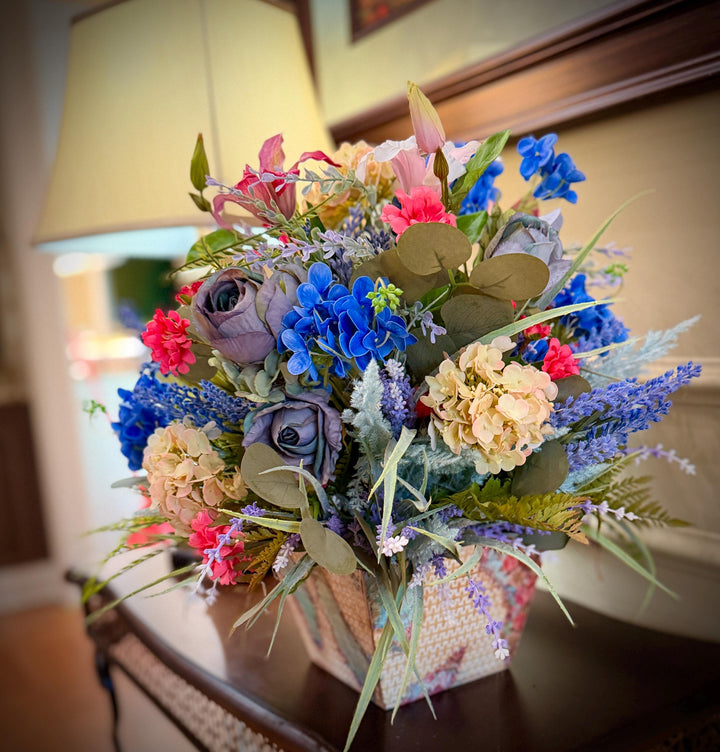 Spring Handcrafted Vintage container arrangement with hydrangeas and much more!