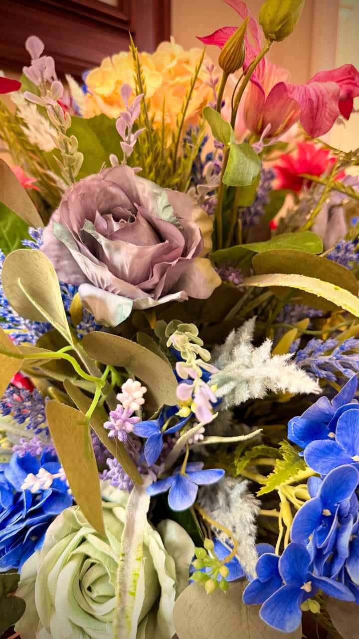 Spring Handcrafted Vintage container arrangement with hydrangeas and much more!