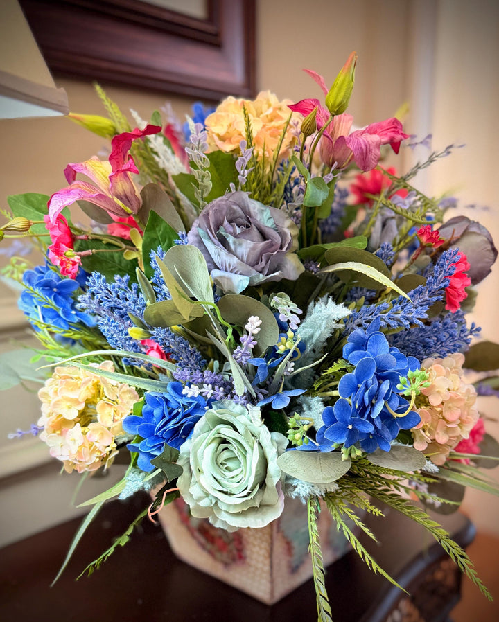 Spring Handcrafted Vintage container arrangement with hydrangeas and much more!