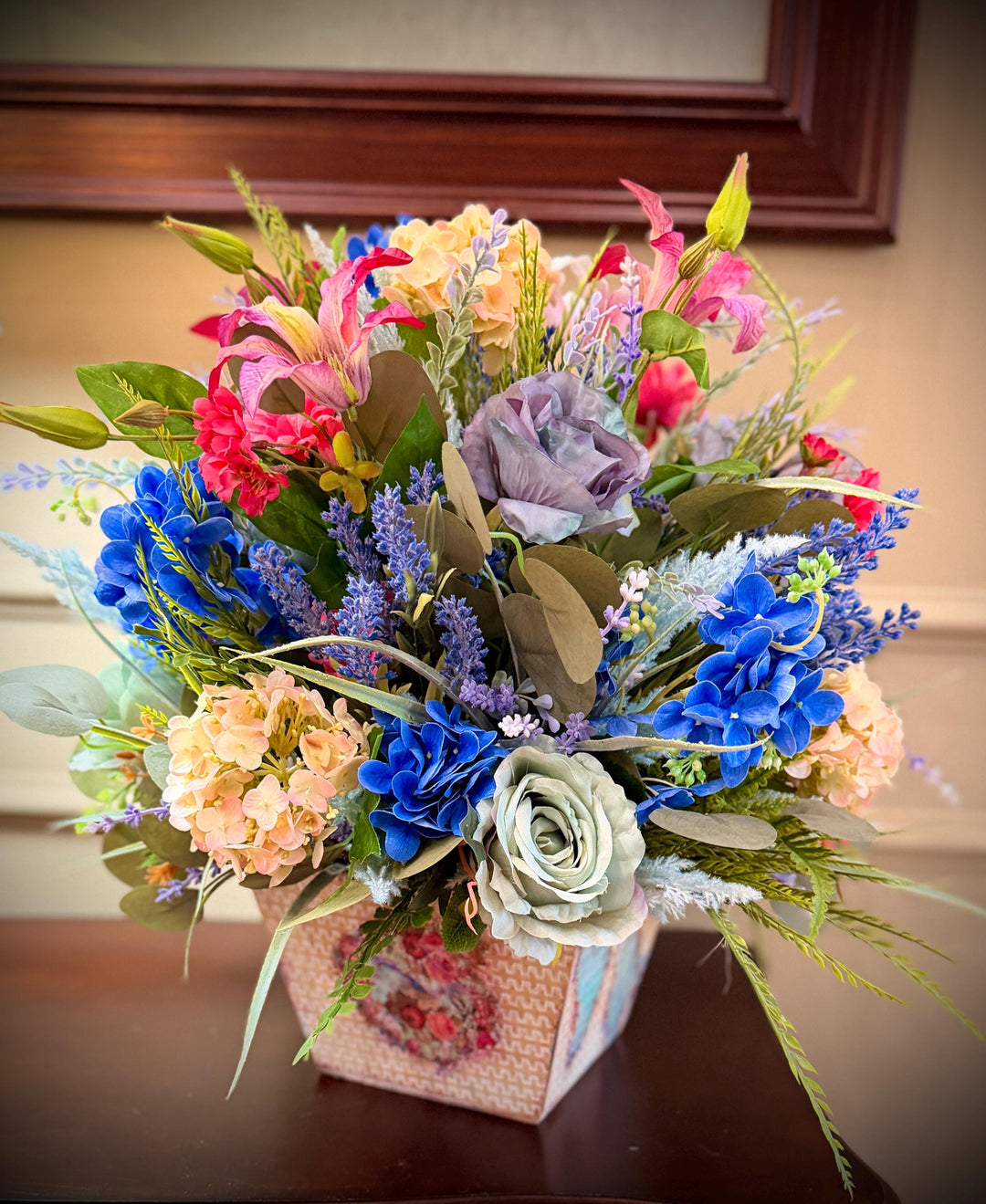 Spring Handcrafted Vintage container arrangement with hydrangeas and much more!