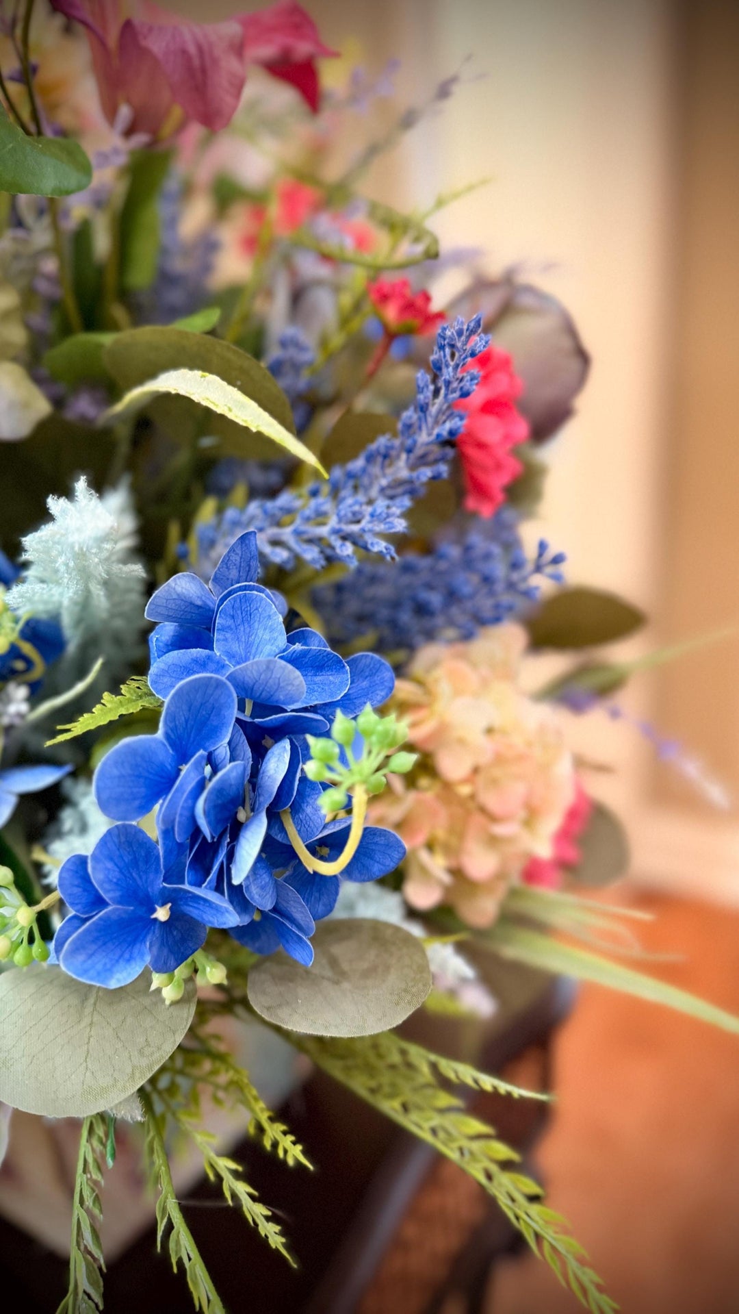 Spring Handcrafted Vintage container arrangement with hydrangeas and much more!