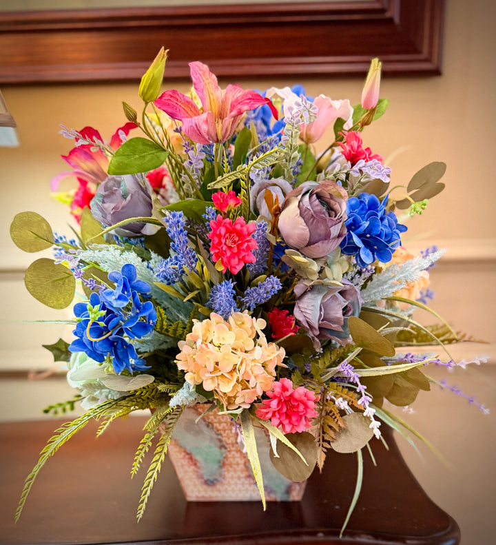 Spring Handcrafted Vintage container arrangement with hydrangeas and much more!