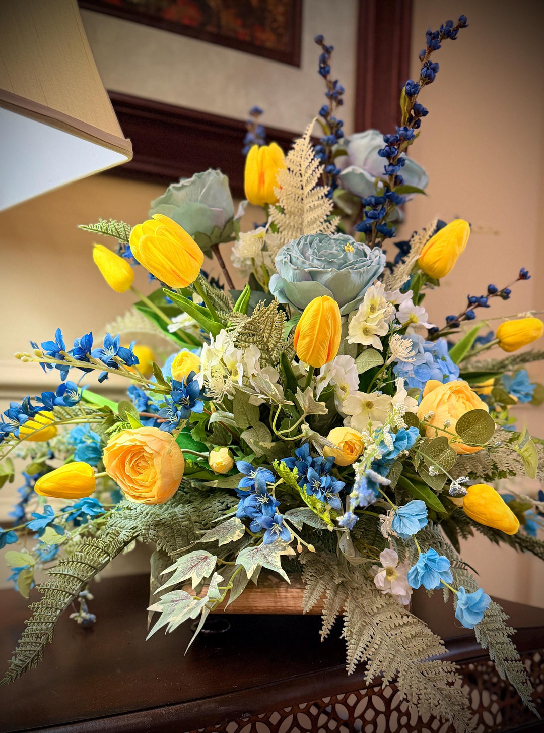 Designer Spring Real Touch Tulip and Florals Arrangement - Flowering Blue Astilbes