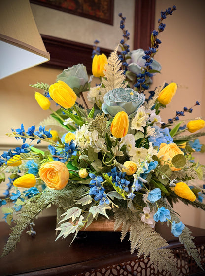 Designer Spring Real Touch Tulip and Florals Arrangement - Flowering Blue Astilbes