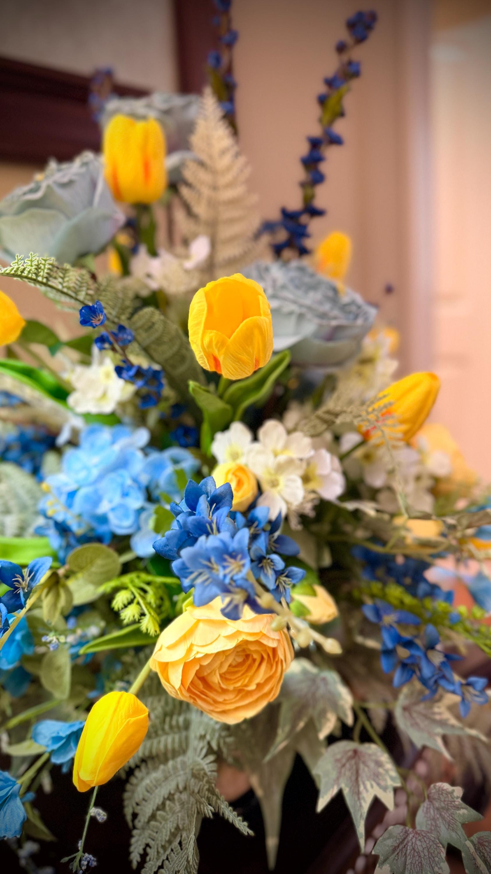 Designer Spring Real Touch Tulip and Florals Arrangement - Flowering Blue Astilbes