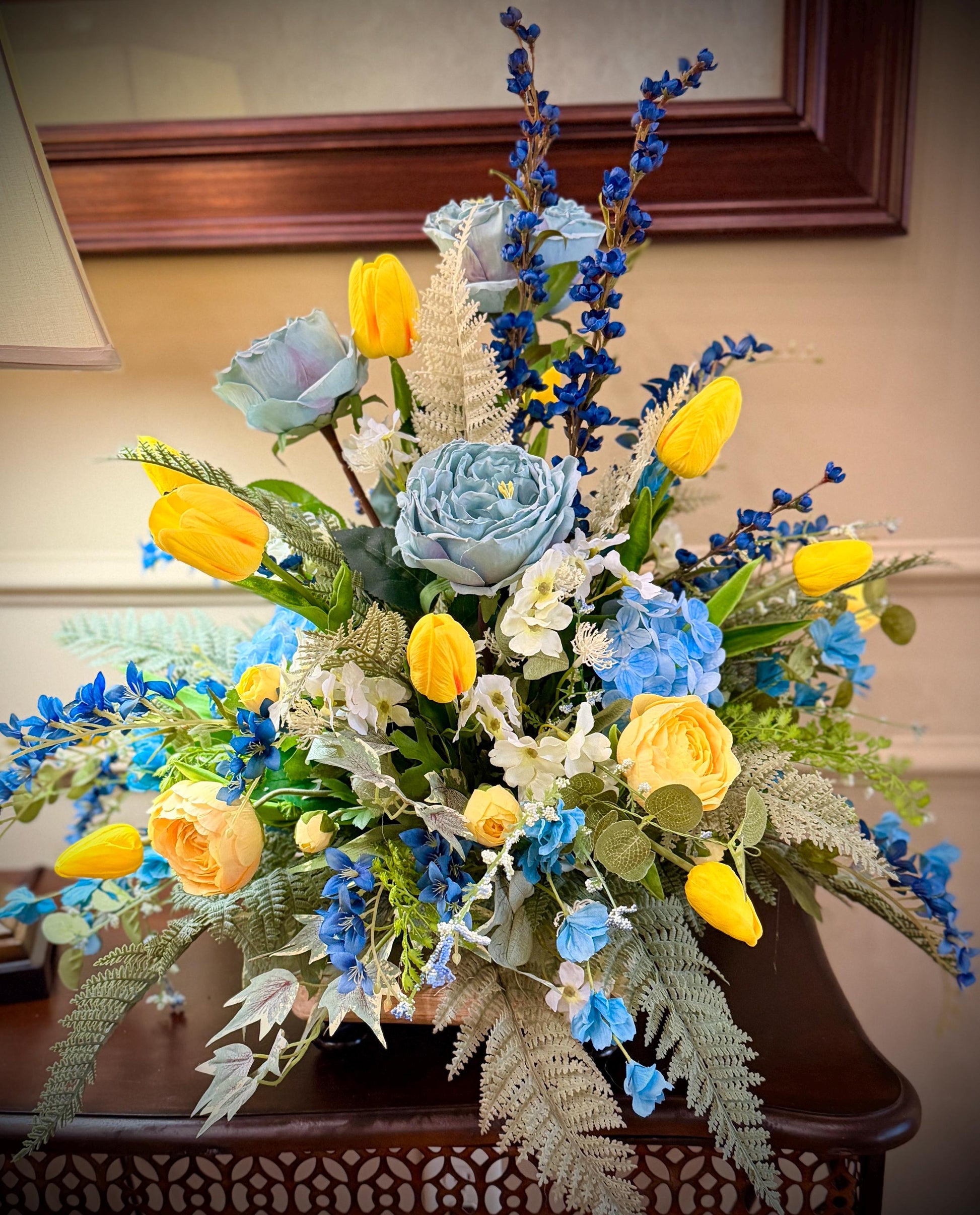 Designer Spring Real Touch Tulip and Florals Arrangement - Flowering Blue Astilbes
