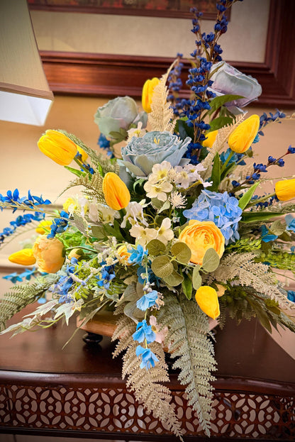 Designer Spring Real Touch Tulip and Florals Arrangement - Flowering Blue Astilbes