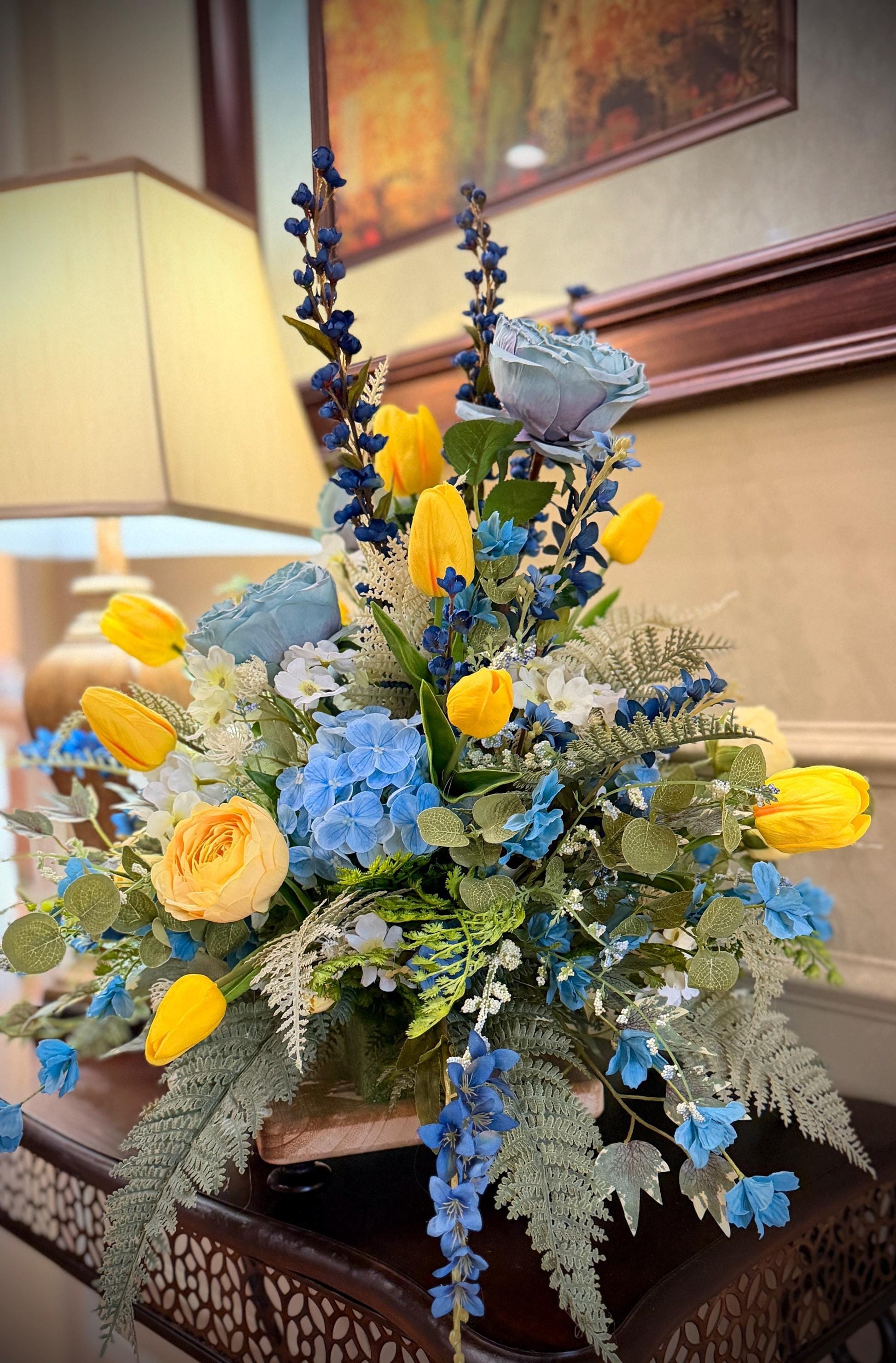 Designer Spring Real Touch Tulip and Florals Arrangement - Flowering Blue Astilbes