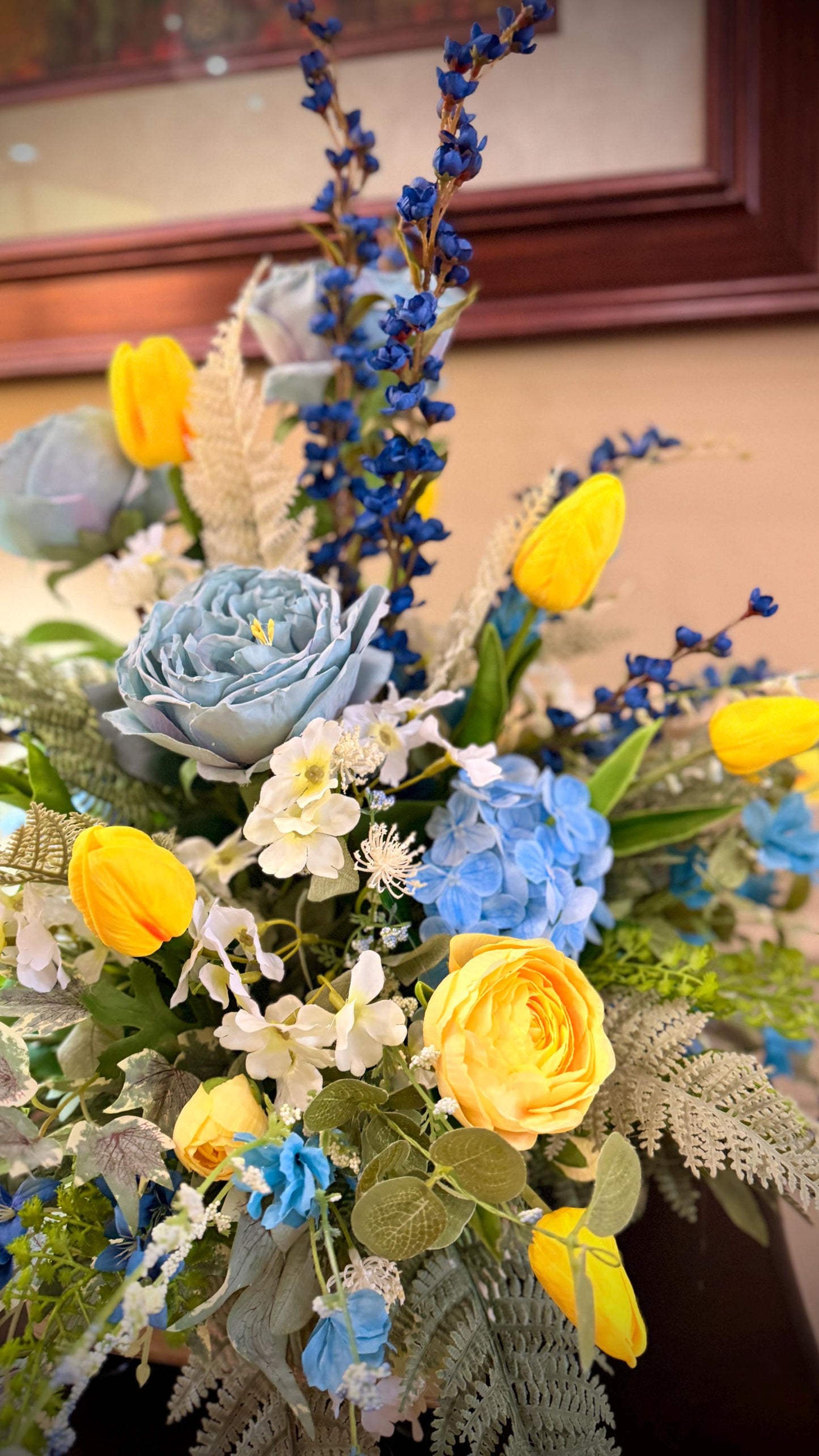 Designer Spring Real Touch Tulip and Florals Arrangement - Flowering Blue Astilbes