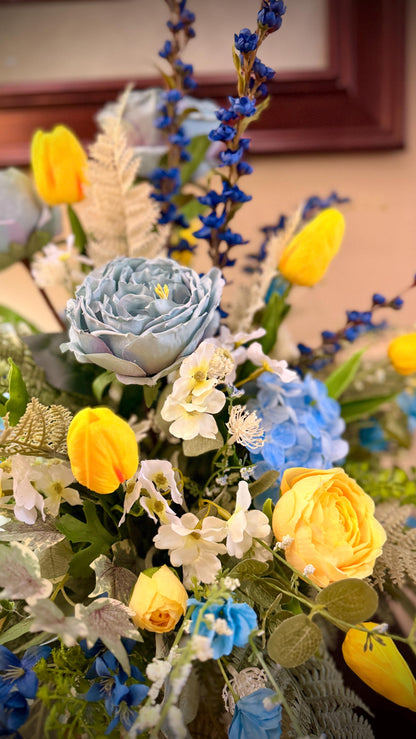 Designer Spring Real Touch Tulip and Florals Arrangement - Flowering Blue Astilbes