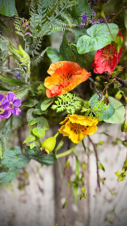 Moss Rectangle Metal Woodland Poppy and Twig Vine Wreath