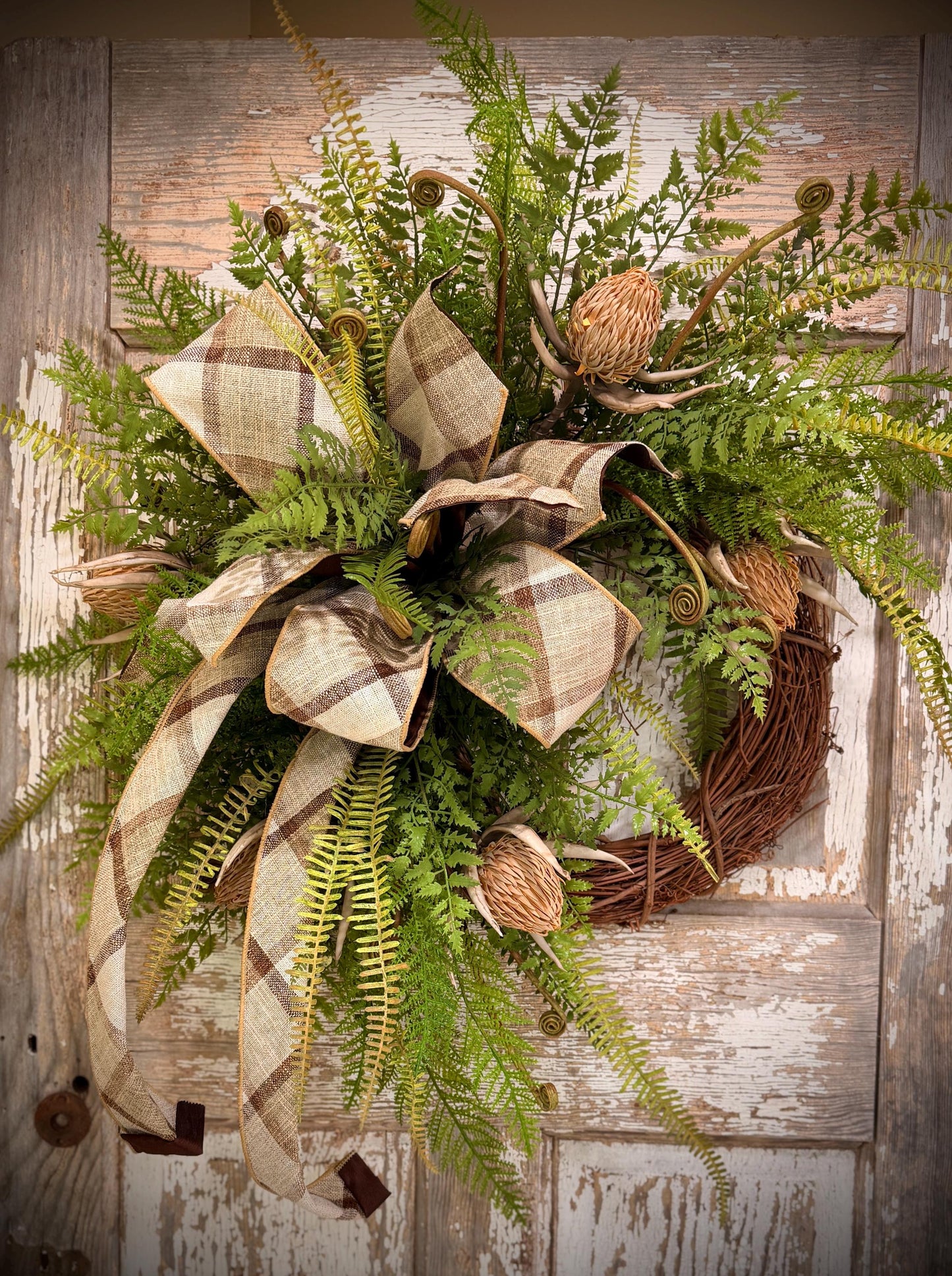Rustic Woodland Fern and Protea Bud Grapevine Wreath - Designer Wired Ribbon with Tails