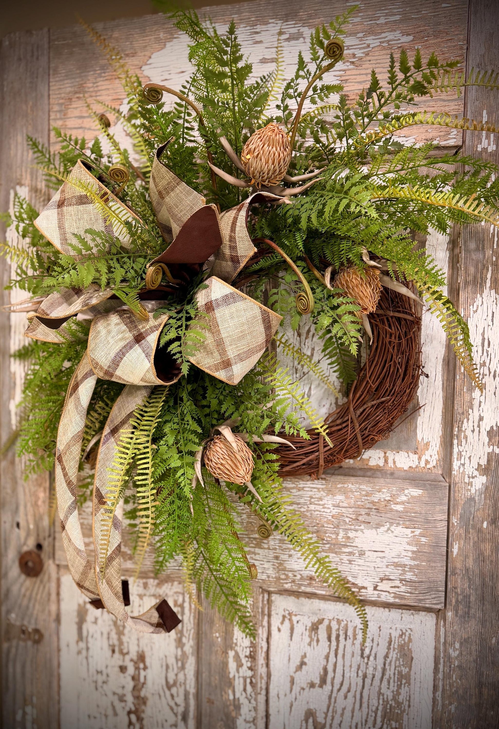 Rustic Woodland Fern and Protea Bud Grapevine Wreath - Designer Wired Ribbon with Tails