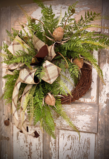 Rustic Woodland Fern and Protea Bud Grapevine Wreath - Designer Wired Ribbon with Tails