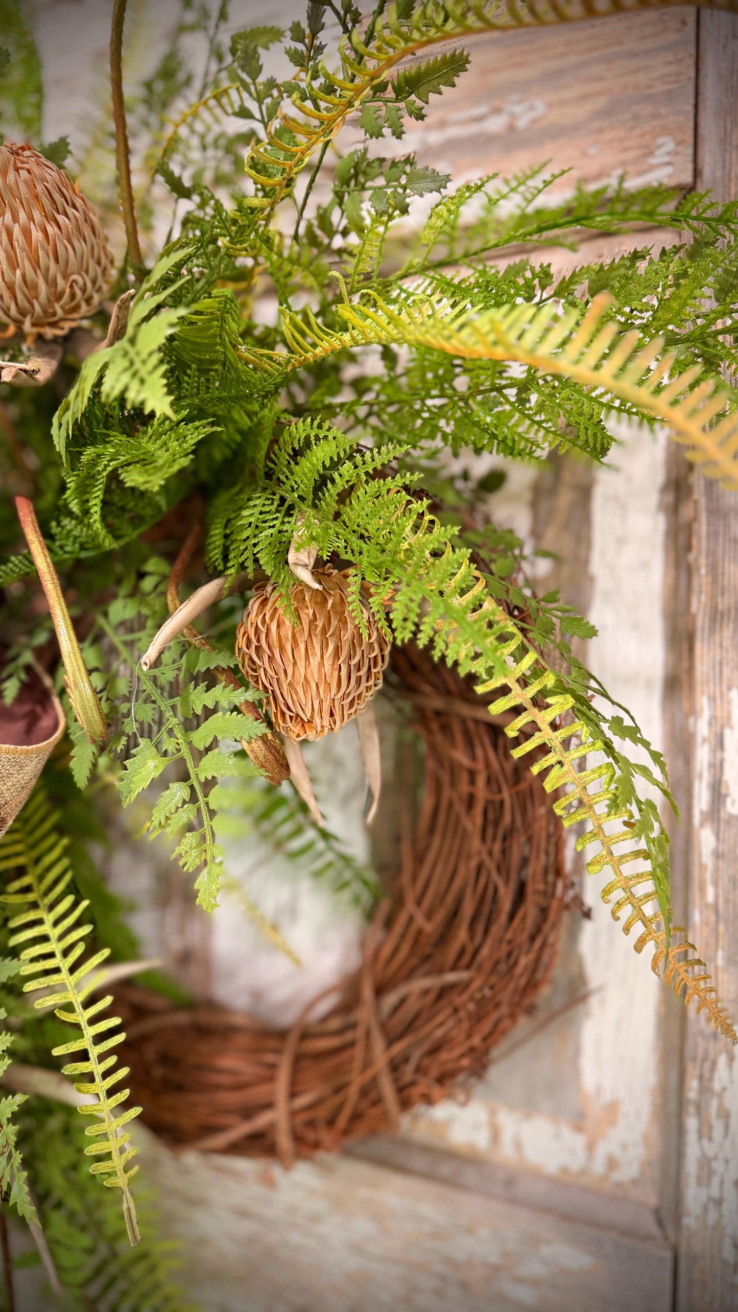 Rustic Woodland Fern and Protea Bud Grapevine Wreath - Designer Wired Ribbon with Tails