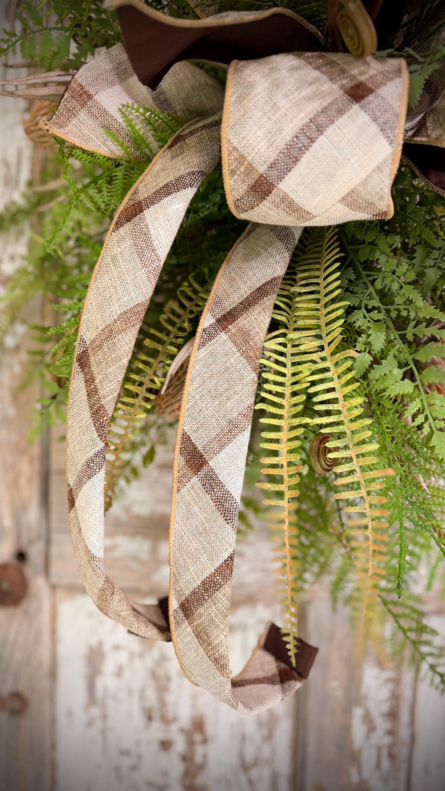 Rustic Woodland Fern and Protea Bud Grapevine Wreath - Designer Wired Ribbon with Tails