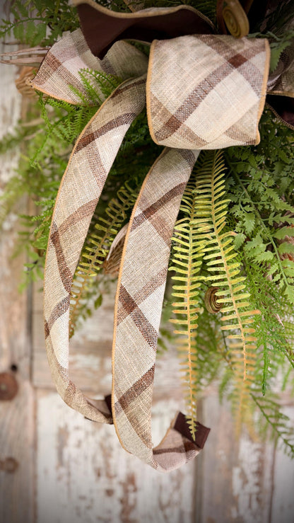 Rustic Woodland Fern and Protea Bud Grapevine Wreath - Designer Wired Ribbon with Tails