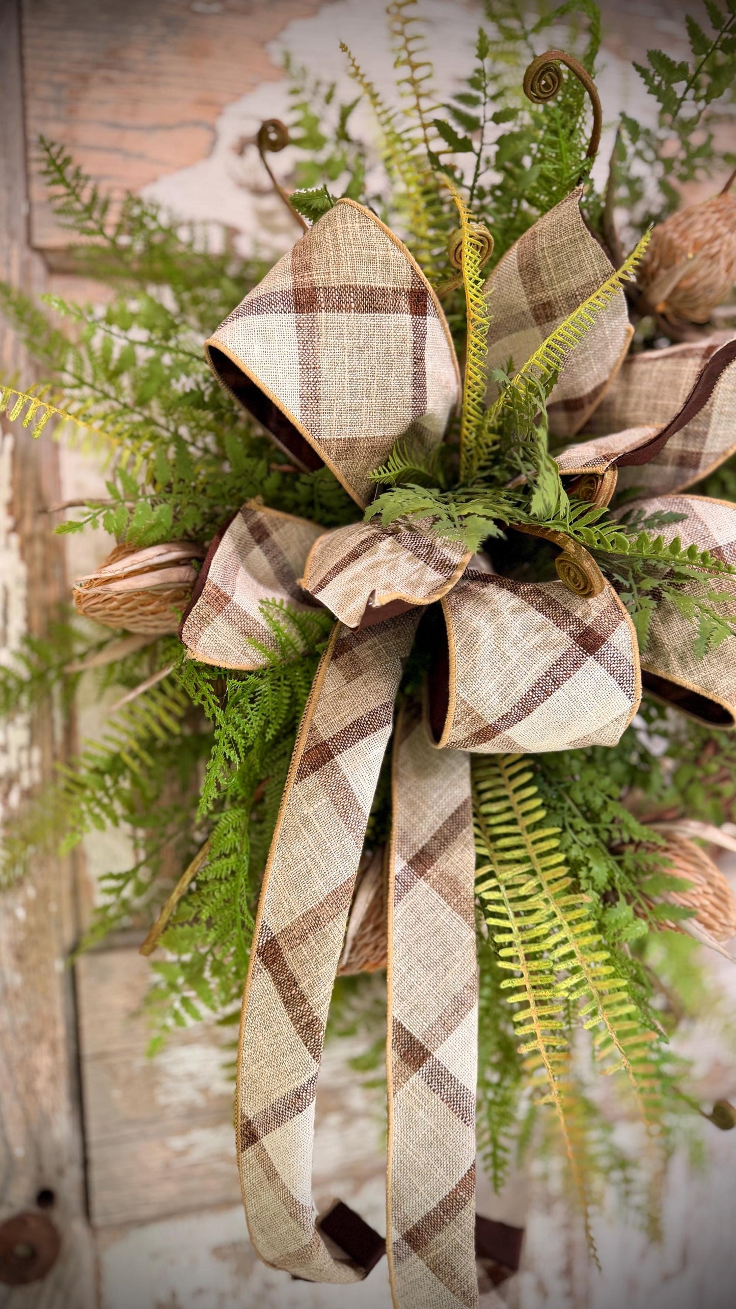 Rustic Woodland Fern and Protea Bud Grapevine Wreath - Designer Wired Ribbon with Tails