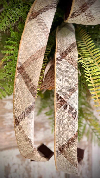 Rustic Woodland Fern and Protea Bud Grapevine Wreath - Designer Wired Ribbon with Tails