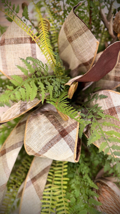 Rustic Woodland Fern and Protea Bud Grapevine Wreath - Designer Wired Ribbon with Tails