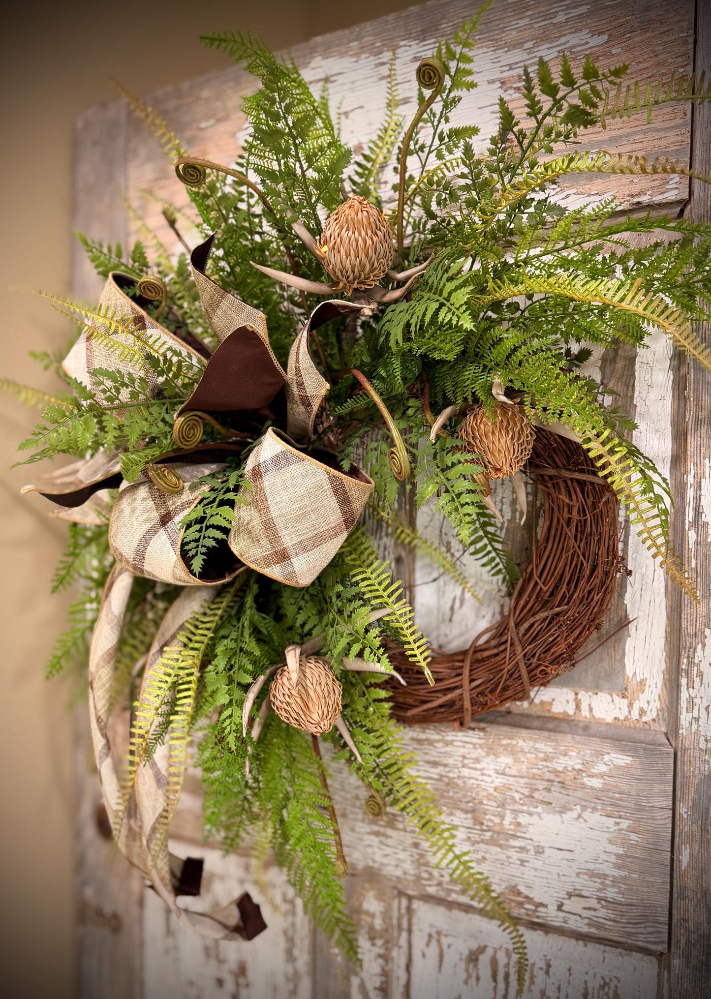 Rustic Woodland Fern and Protea Bud Grapevine Wreath - Designer Wired Ribbon with Tails