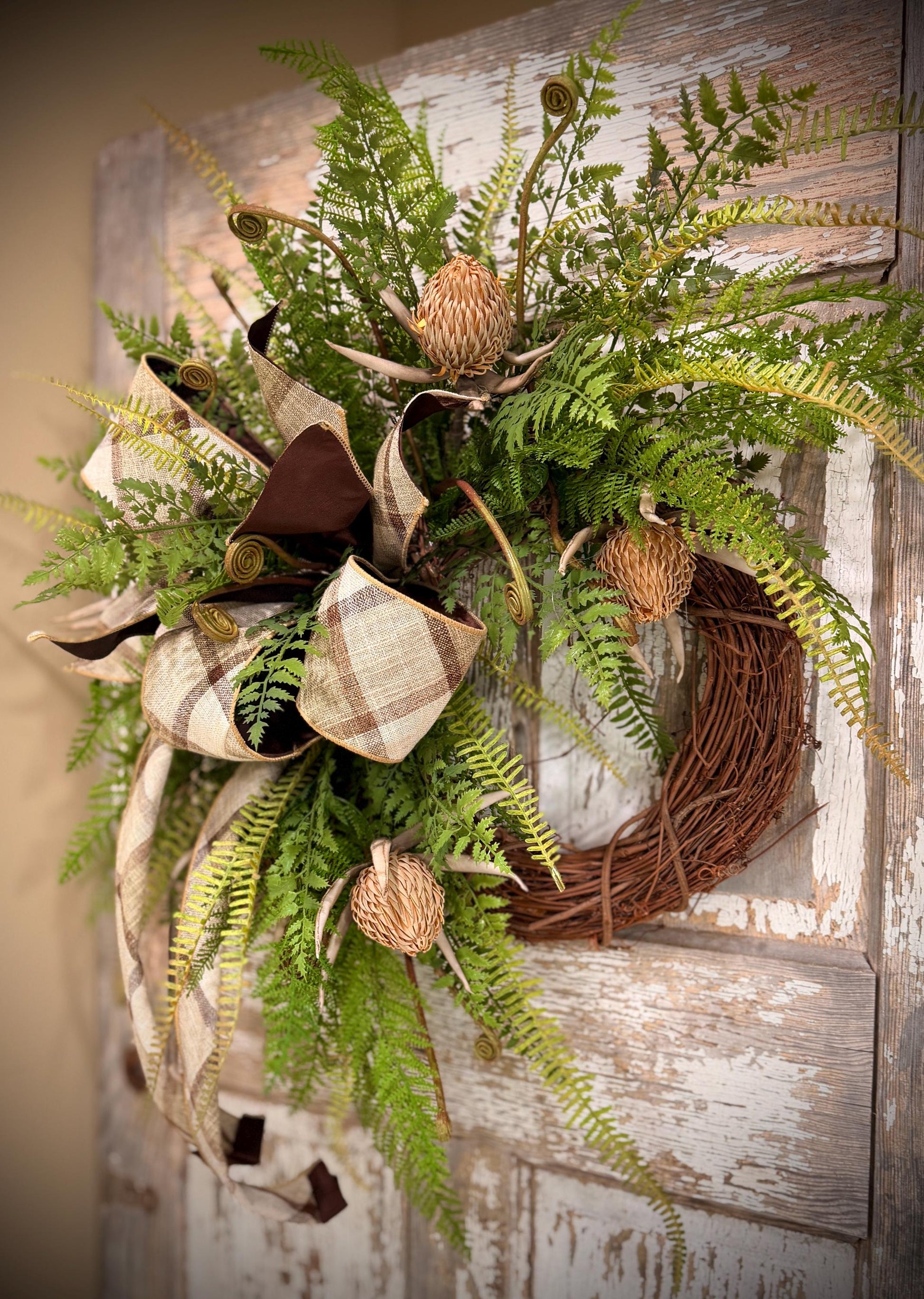 Rustic Woodland Fern and Protea Bud Grapevine Wreath - Designer Wired Ribbon with Tails