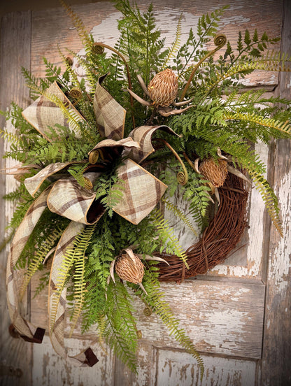 Rustic Woodland Fern and Protea Bud Grapevine Wreath - Designer Wired Ribbon with Tails