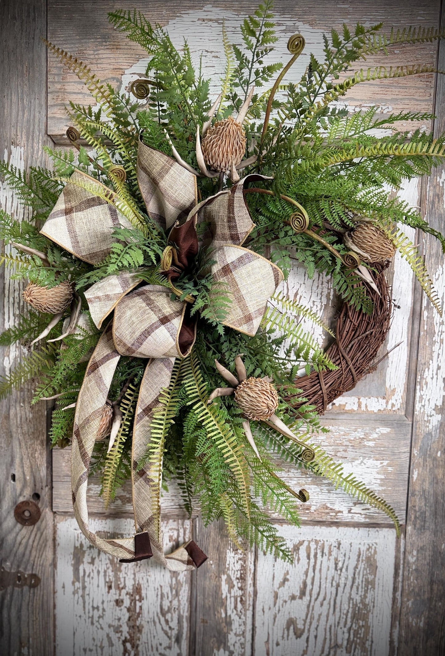 Rustic Woodland Fern and Protea Bud Grapevine Wreath - Designer Wired Ribbon with Tails