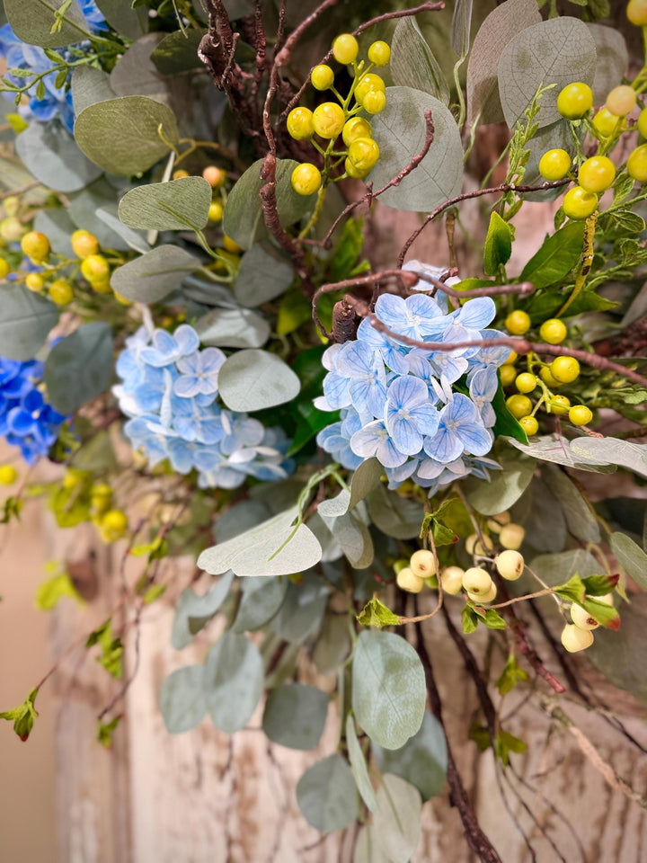 Blue Hydrangea Wreath for Front Door – Spring Summer Wreath with Greenery and Berries – Everyday Floral Door Decor – Farmhouse Wreath