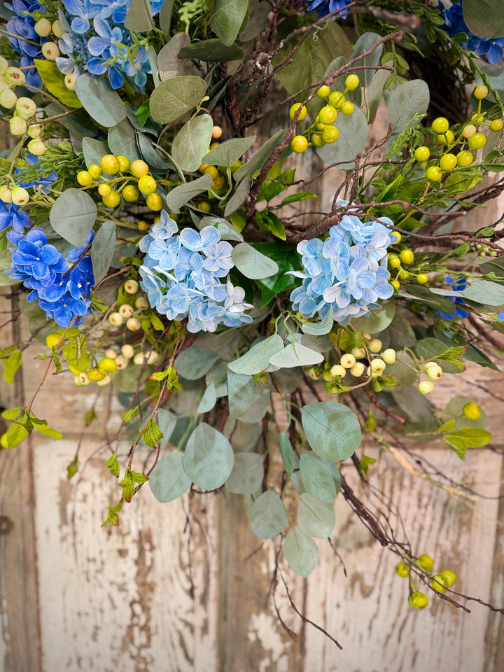 Blue Hydrangea Wreath for Front Door – Spring Summer Wreath with Greenery and Berries – Everyday Floral Door Decor – Farmhouse Wreath
