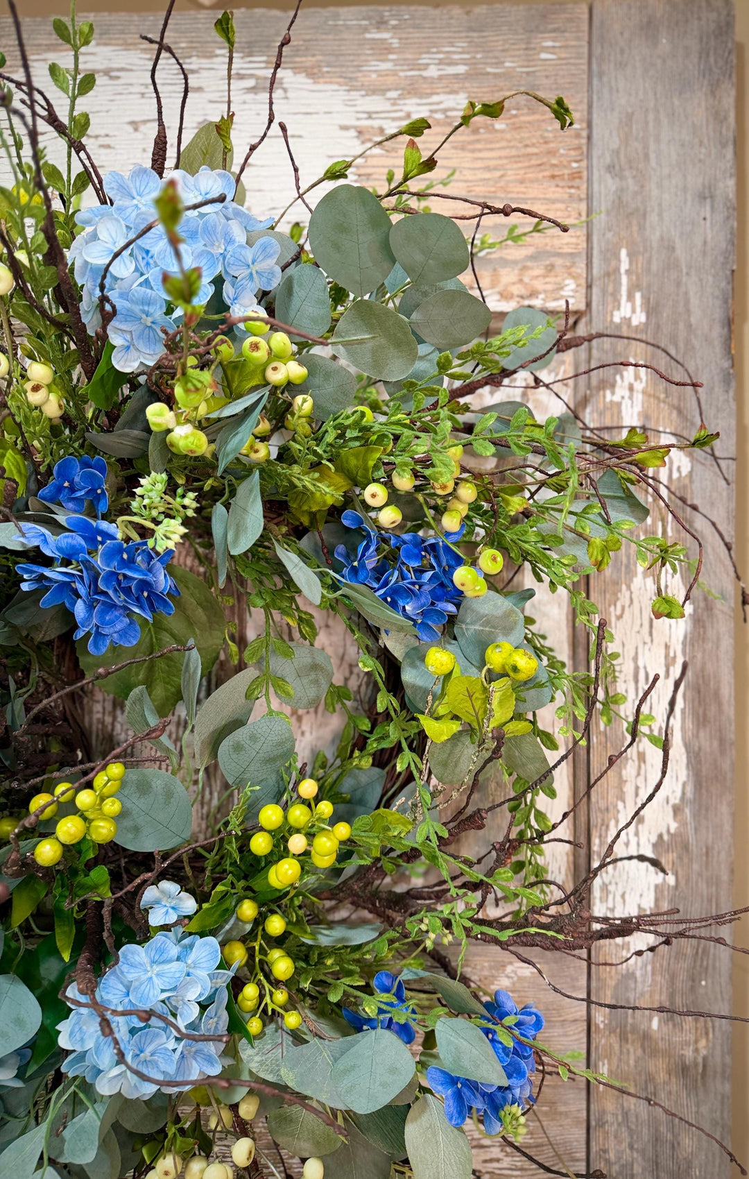 Blue Hydrangea Wreath for Front Door – Spring Summer Wreath with Greenery and Berries – Everyday Floral Door Decor – Farmhouse Wreath