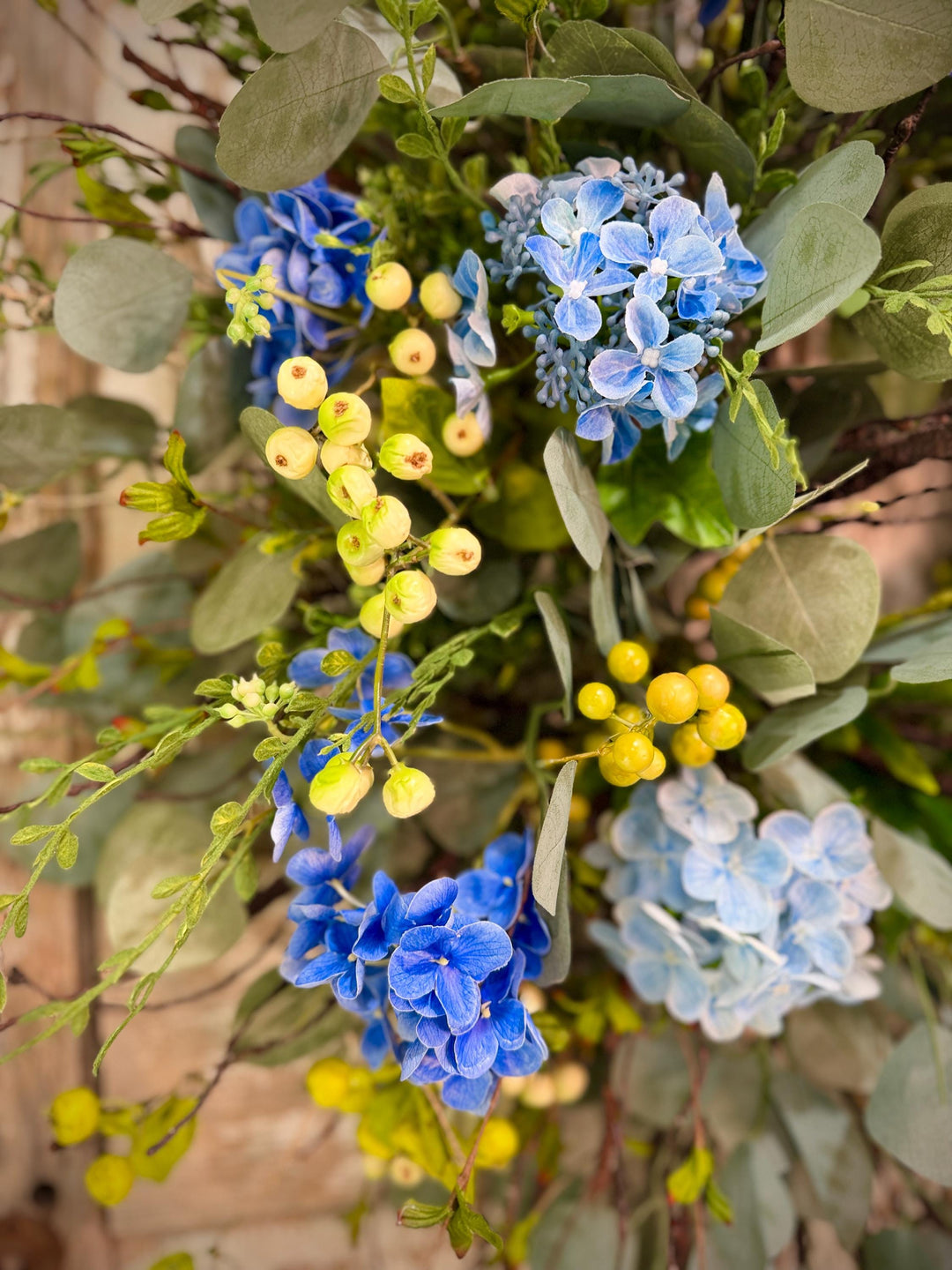 Blue Hydrangea Wreath for Front Door – Spring Summer Wreath with Greenery and Berries – Everyday Floral Door Decor – Farmhouse Wreath