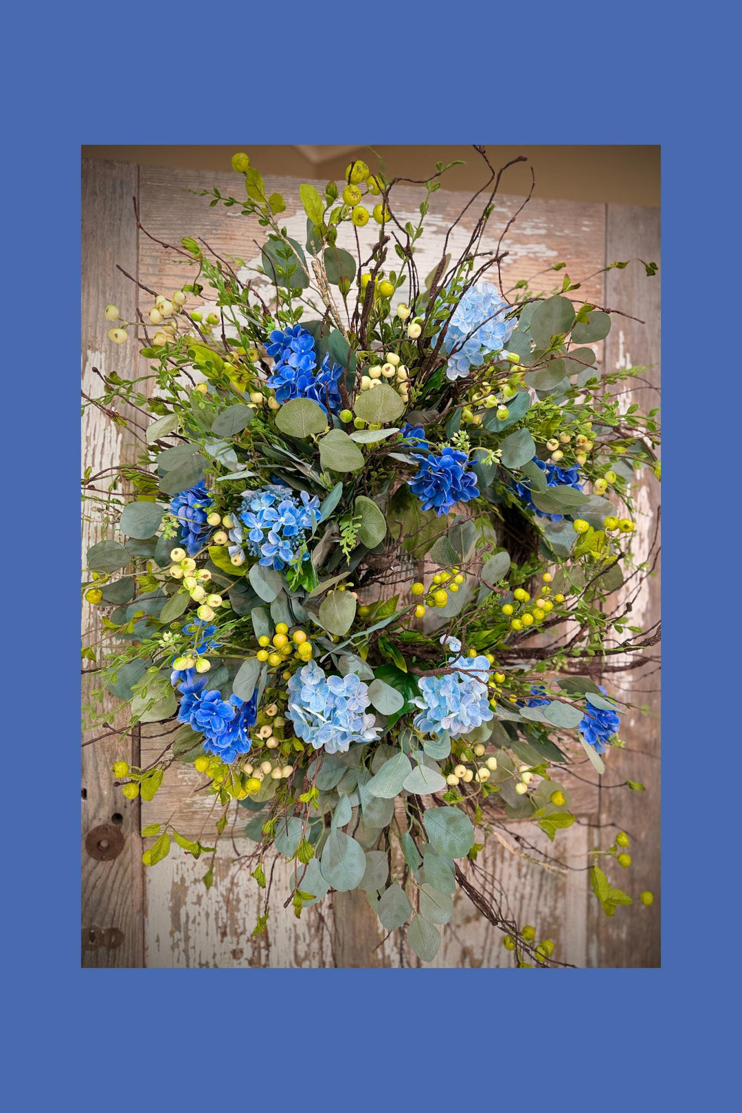 Blue Hydrangea Wreath for Front Door – Spring Summer Wreath with Greenery and Berries – Everyday Floral Door Decor – Farmhouse Wreath