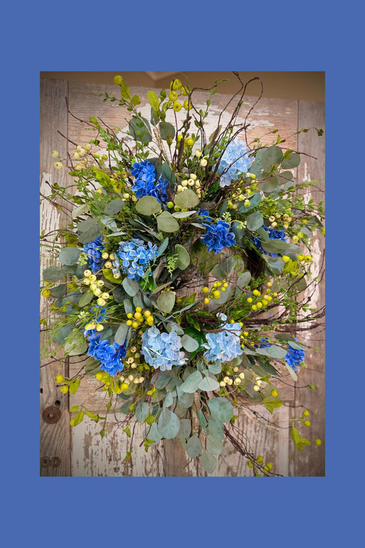 Blue Hydrangea Wreath for Front Door – Spring Summer Wreath with Greenery and Berries – Everyday Floral Door Decor – Farmhouse Wreath