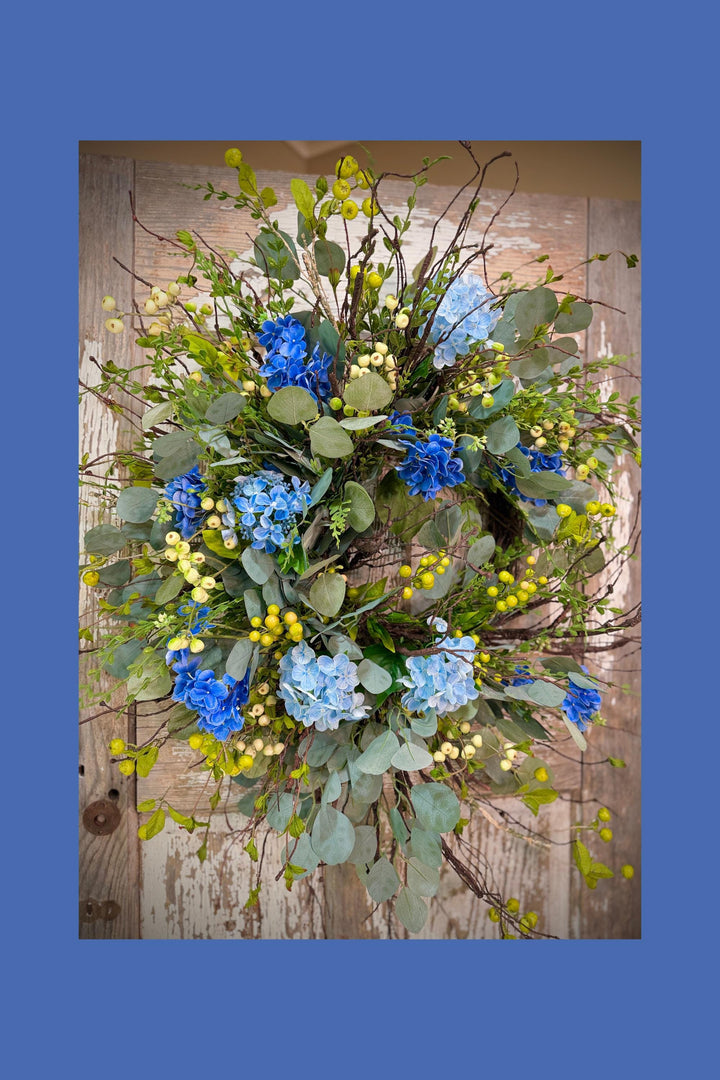 Blue Hydrangea Wreath for Front Door – Spring Summer Wreath with Greenery and Berries – Everyday Floral Door Decor – Farmhouse Wreath