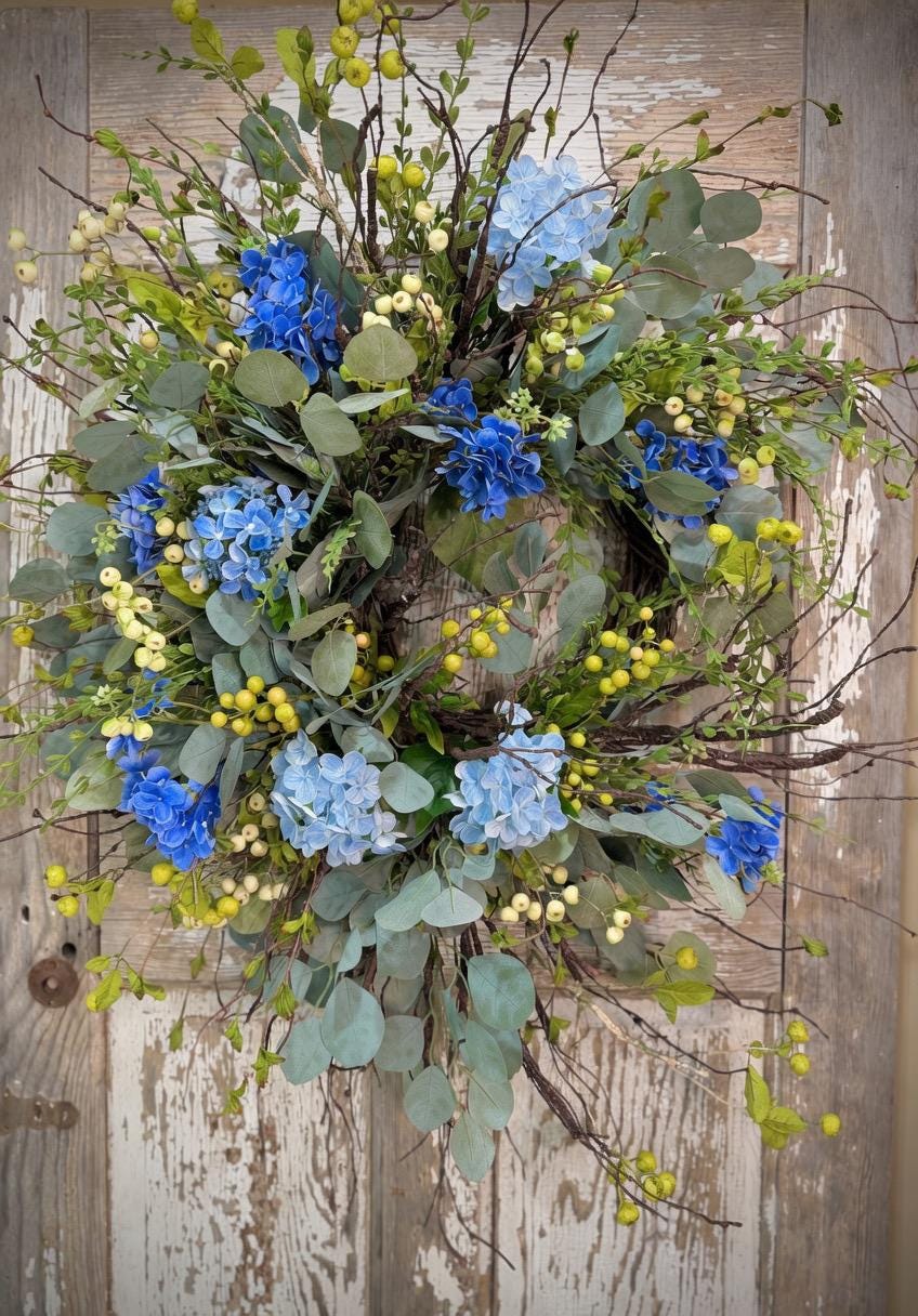 Blue Hydrangea Wreath for Front Door – Spring Summer Wreath with Greenery and Berries – Everyday Floral Door Decor – Farmhouse Wreath
