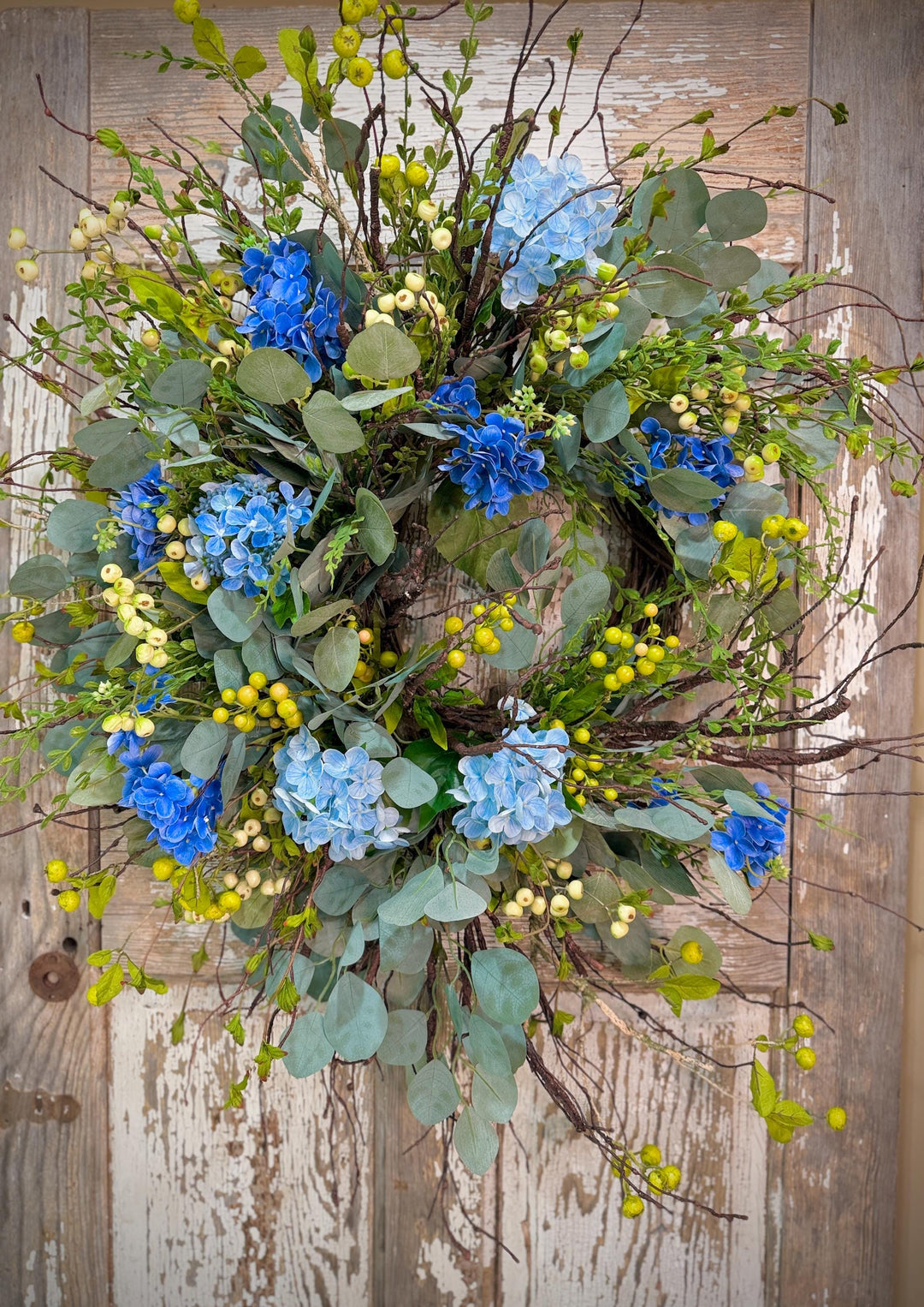 Blue Hydrangea Wreath for Front Door – Spring Summer Wreath with Greenery and Berries – Everyday Floral Door Decor – Farmhouse Wreath