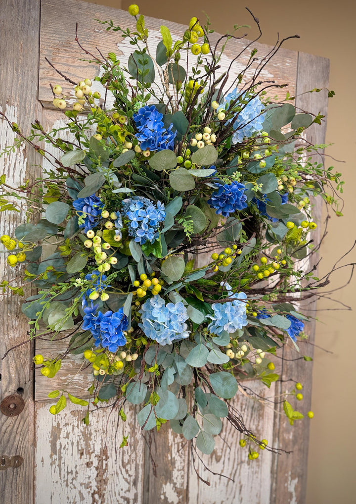 Blue Hydrangea Wreath for Front Door – Spring Summer Wreath with Greenery and Berries – Everyday Floral Door Decor – Farmhouse Wreath