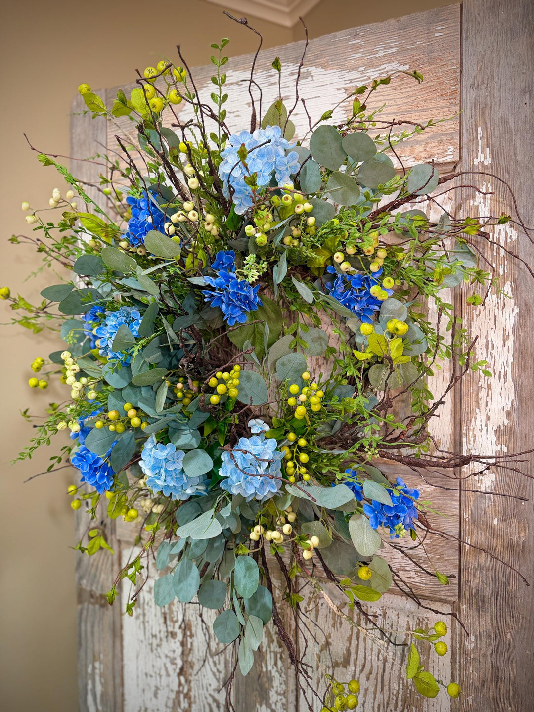 Blue Hydrangea Wreath for Front Door – Spring Summer Wreath with Greenery and Berries – Everyday Floral Door Decor – Farmhouse Wreath