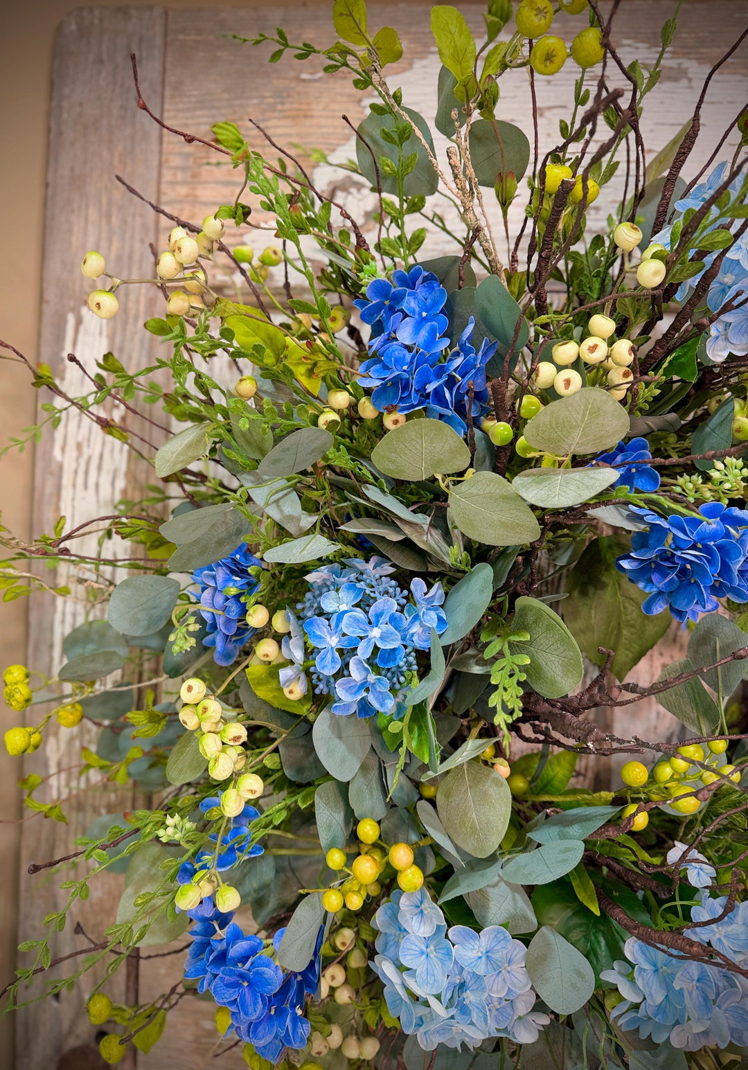 Blue Hydrangea Wreath for Front Door – Spring Summer Wreath with Greenery and Berries – Everyday Floral Door Decor – Farmhouse Wreath