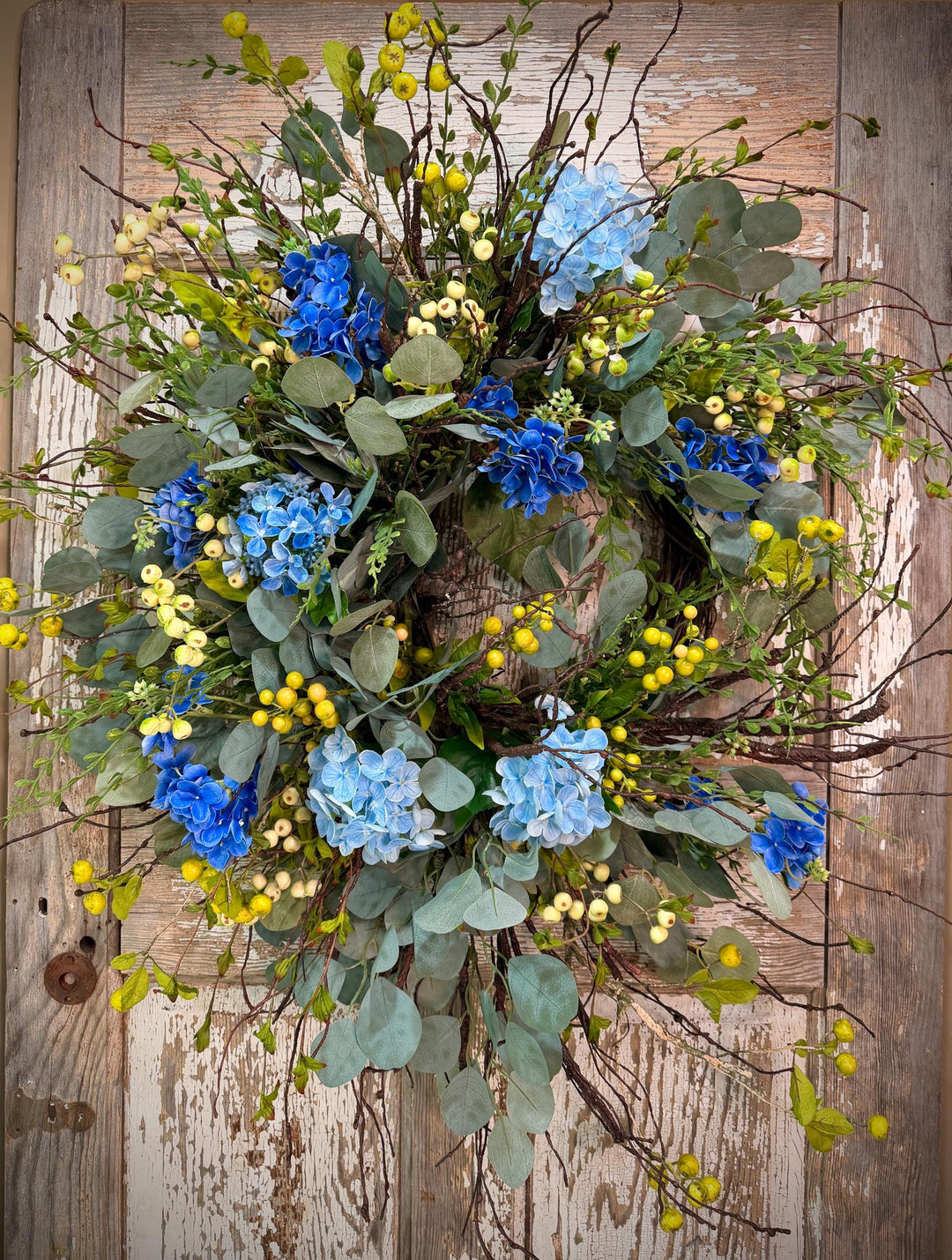 Blue Hydrangea Wreath for Front Door – Spring Summer Wreath with Greenery and Berries – Everyday Floral Door Decor – Farmhouse Wreath
